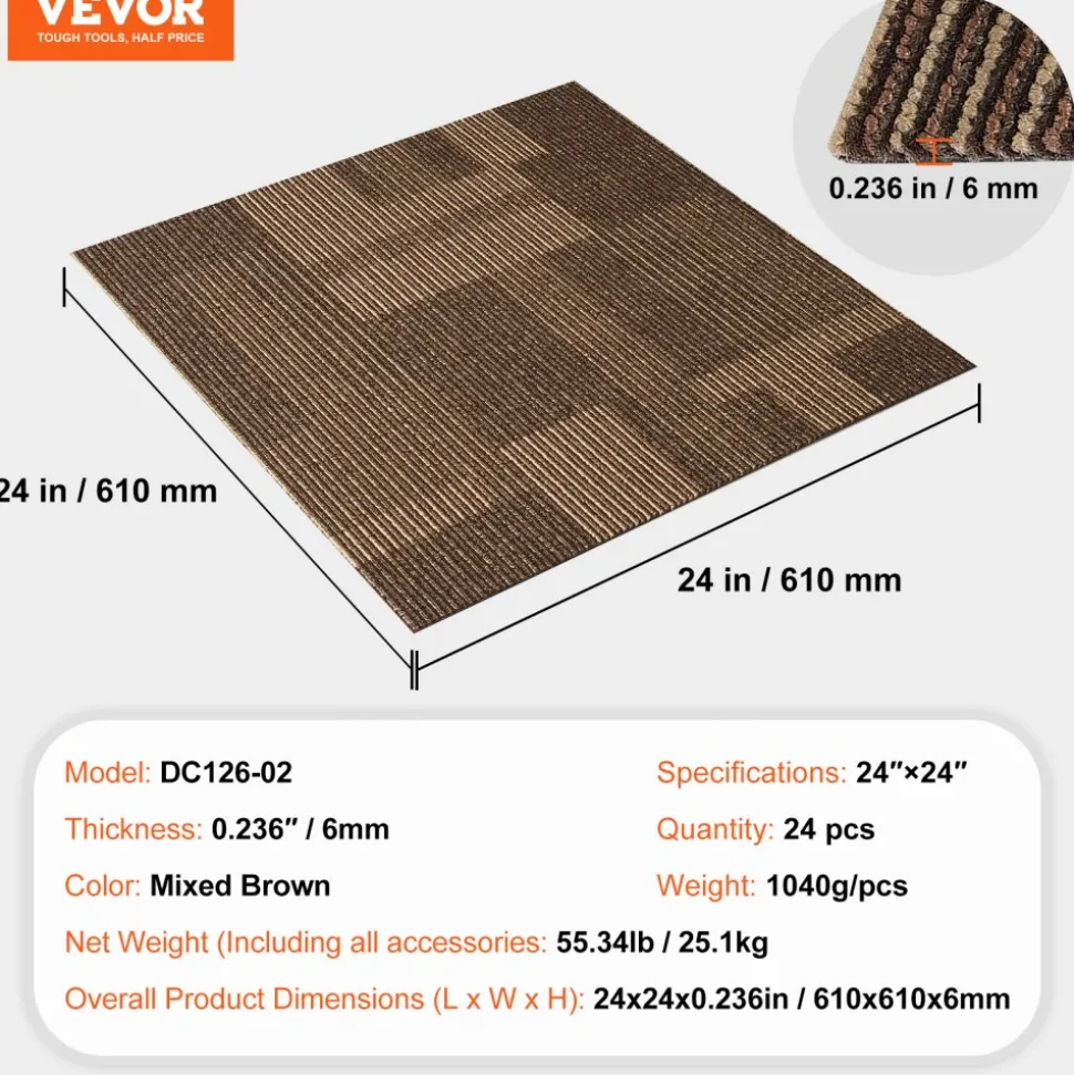 VEVOR Carpet Tiles Reusable, 20"x 20" Carpet Squares With Padding Attached, Soft Padded Carpet Tiles, Easy Install DIY for Bedroom Living Room Indoor Outdoor (20 Tiles, Dark Gray)