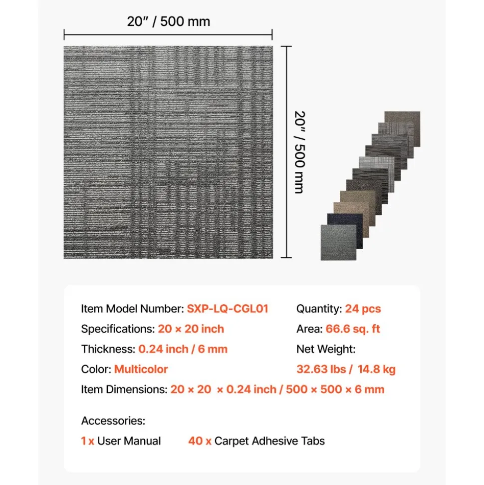 VEVOR Carpet Tiles Reusable 20x20 inch, 24 PCS Modular Carpet Square Rug, Commercial Floor Soft Padded for Seamless Cover 66.6sq.ft, Easy DIY Replacement for Living Room Bedroom Indoor,Multicolor