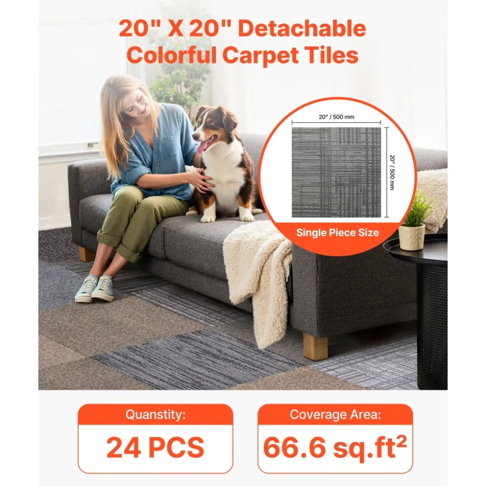 VEVOR Carpet Tiles Reusable 20x20 inch, 24 PCS Modular Carpet Square Rug, Commercial Floor Soft Padded for Seamless Cover 66.6sq.ft, Easy DIY Replacement for Living Room Bedroom Indoor,Multicolor