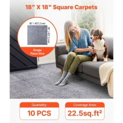 VEVOR Carpet Tiles 18x18 inch, 10 Pack Carpet Square Rug Detachable & Damage-free, Self Adhesive Home Floor Soft Plush Padded for 22.5sq.ft Coverage, Easy DIY for Living Room & Bedroom, Gray