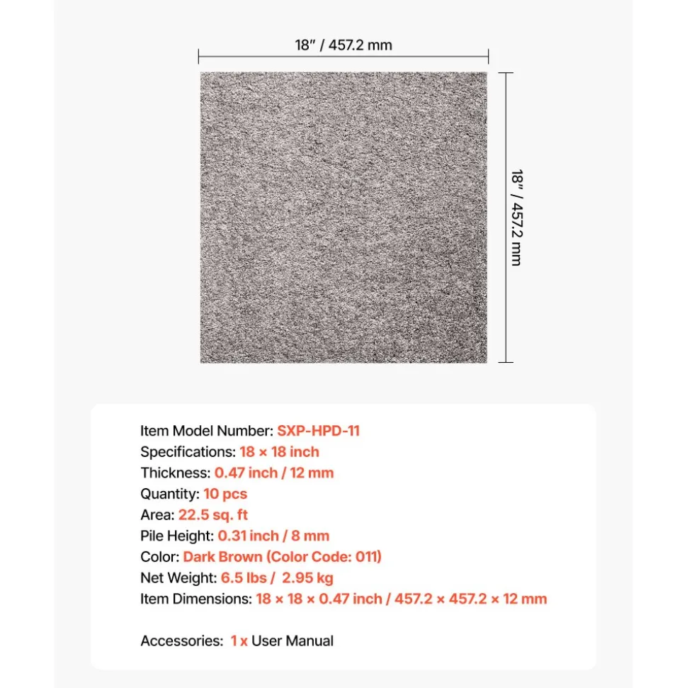 VEVOR Carpet Tiles 18x18 inch, 10 Pack Carpet Square Rug Detachable & Damage-free, Self Adhesive Home Floor Soft Plush Padded for 22.5sq.ft Coverage, Easy DIY for Living Room & Bedroom, Dark Brown
