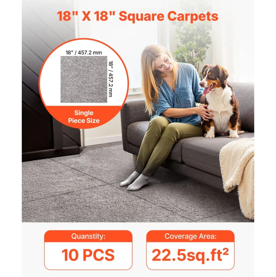 VEVOR Carpet Tiles 18x18 inch, 10 Pack Carpet Square Rug Detachable & Damage-free, Self Adhesive Home Floor Soft Plush Padded for 22.5sq.ft Coverage, Easy DIY for Living Room & Bedroom, Dark Brown