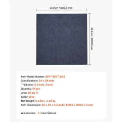 VEVOR Carpet Tiles 24x24 inch, 15 Pack Peel and Stick Carpet Square Rug, Self Adhesive Commercial Floor Soft Padded for Seamless Cover 60sq.ft², Easy DIY Replacement for Living Room Office,Gray