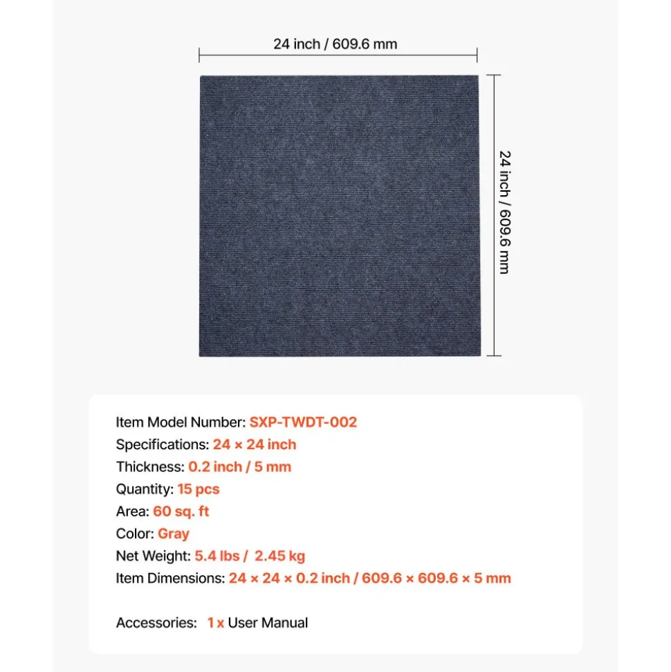 VEVOR Carpet Tiles 24x24 inch, 15 Pack Peel and Stick Carpet Square Rug, Self Adhesive Commercial Floor Soft Padded for Seamless Cover 60sq.ft², Easy DIY Replacement for Living Room Office,Gray