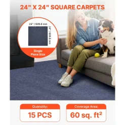 VEVOR Carpet Tiles 24x24 inch, 15 Pack Peel and Stick Carpet Square Rug, Self Adhesive Commercial Floor Soft Padded for Seamless Cover 60sq.ft², Easy DIY Replacement for Living Room Office,Gray