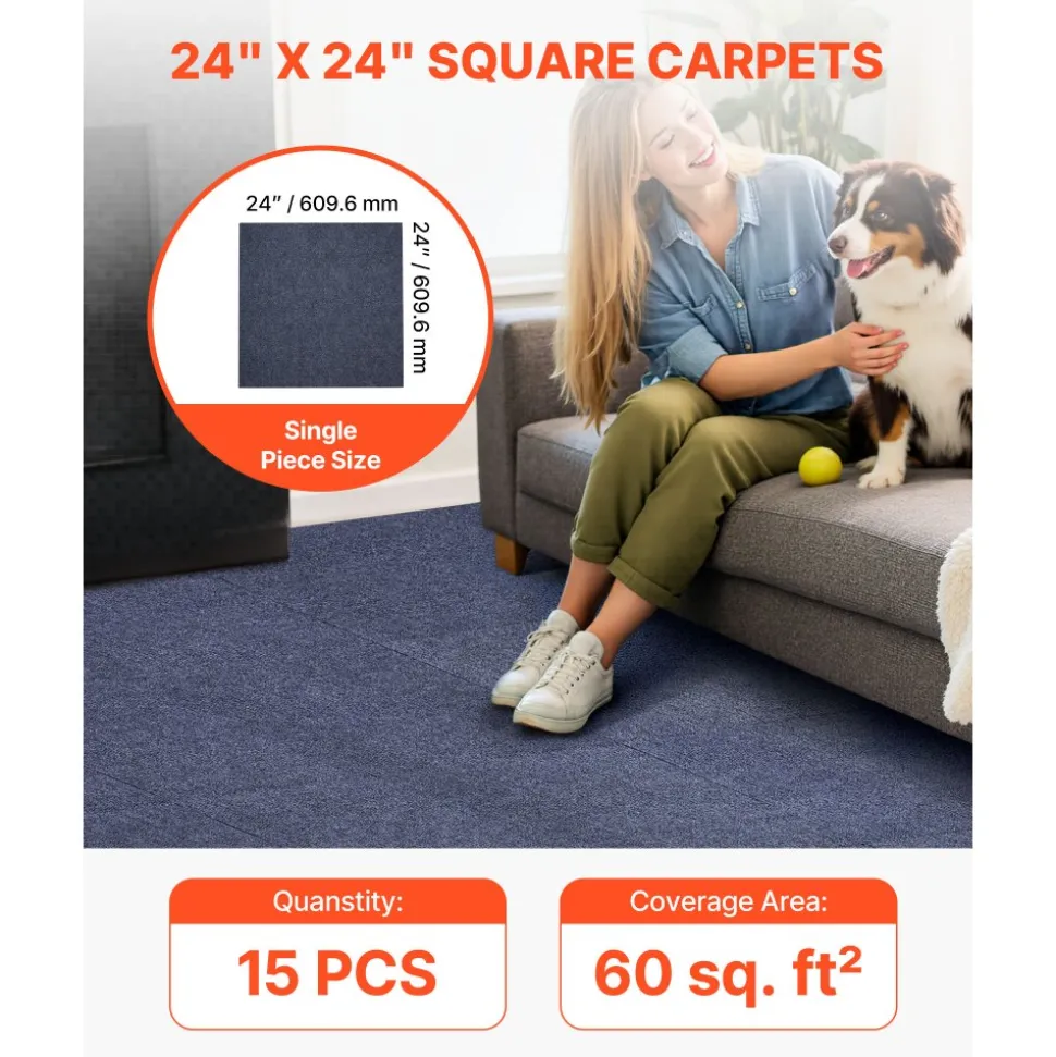 VEVOR Carpet Tiles 24x24 inch, 15 Pack Peel and Stick Carpet Square Rug, Self Adhesive Commercial Floor Soft Padded for Seamless Cover 60sq.ft², Easy DIY Replacement for Living Room Office,Gray