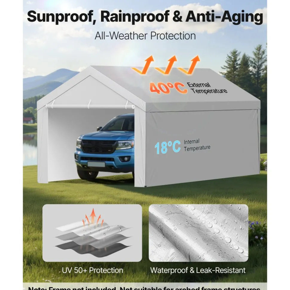 VEVOR Carport Replacement Canopy, 13 x 20 ft Potable Garage Tent Top Tarp with Sidewalls, UV-Resistant & Waterproof, Heavy Duty Car Shelter Tarp with Ball Buggees, Grey, Frame Not Included