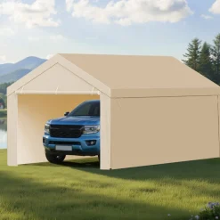 VEVOR Carport Replacement Canopy, 10 x 20 ft Potable Garage Tent Top Tarp with Sidewalls, UV-Resistant & Waterproof, Heavy Duty Car Shelter Tarp with Ball Buggees, Beige, Frame Not Included