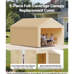 VEVOR Carport Replacement Canopy, 10 x 20 ft Potable Garage Tent Top Tarp with Sidewalls, UV-Resistant & Waterproof, Heavy Duty Car Shelter Tarp with Ball Buggees, Beige, Frame Not Included