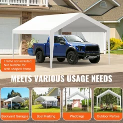 VEVOR Carport Replacement Canopy Cover 10 x 20 ft, Garage Top Tent Shelter Tarp Heavy-Duty Waterproof & UV Protected, Easy Installation with Ball Bungees,White (Only Top Cover, Frame Not Include)