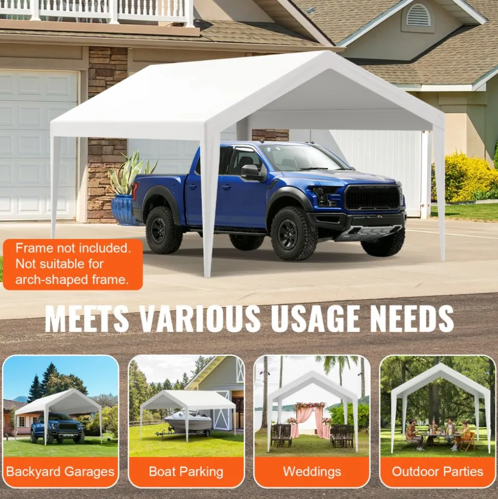 VEVOR Carport Replacement Canopy Cover 10 x 20 ft, Garage Top Tent Shelter Tarp Heavy-Duty Waterproof & UV Protected, Easy Installation with Ball Bungees,White (Only Top Cover, Frame Not Include)