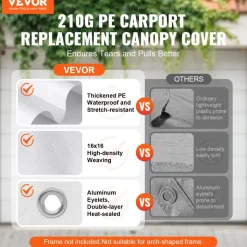 VEVOR Carport Replacement Canopy Cover 10 x 20 ft, Garage Top Tent Shelter Tarp Heavy-Duty Waterproof & UV Protected, Easy Installation with Ball Bungees,White (Only Top Cover, Frame Not Include)