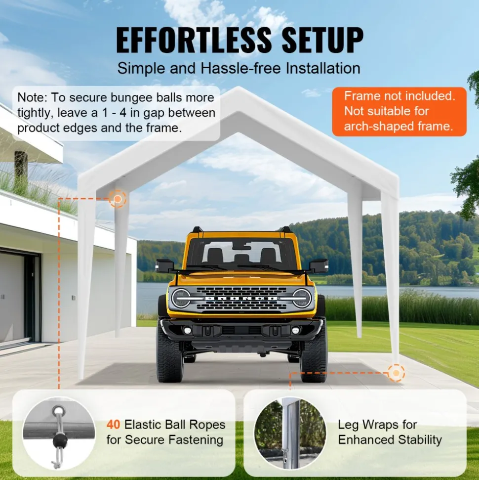 VEVOR Carport Replacement Canopy Cover 10 x 20 ft, Garage Top Tent Shelter Tarp Heavy-Duty Waterproof & UV Protected, Easy Installation with Ball Bungees,White (Only Top Cover, Frame Not Include)