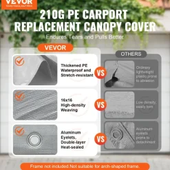 VEVOR Carport Replacement Canopy Cover 13 x 20 ft, Garage Top Tent Shelter Tarp Heavy-Duty Waterproof & UV Protected, Easy Installation with Ball Bungees,Grey (Only Top Cover, Frame Not Include)
