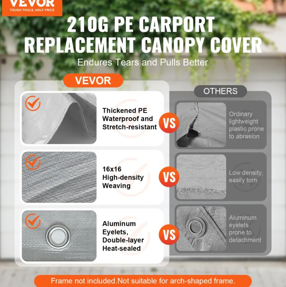 VEVOR Carport Replacement Canopy Cover 13 x 20 ft, Garage Top Tent Shelter Tarp Heavy-Duty Waterproof & UV Protected, Easy Installation with Ball Bungees,Grey (Only Top Cover, Frame Not Include)