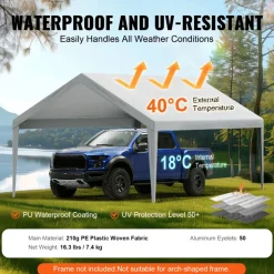 VEVOR Carport Replacement Canopy Cover 13 x 20 ft, Garage Top Tent Shelter Tarp Heavy-Duty Waterproof & UV Protected, Easy Installation with Ball Bungees,Grey (Only Top Cover, Frame Not Include)