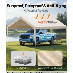 VEVOR Carport Replacement Canopy, 12 x 20 ft Potable Garage Tent Top Tarp, UV-Resistant & Waterproof Car Shelter Tarp, Heavy Duty Car Port Cover with Ball Buggees, Beige, Frame Not Included