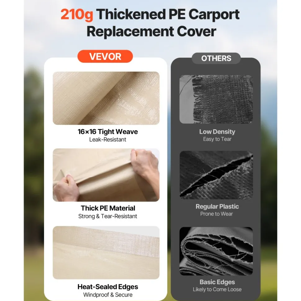 VEVOR Carport Replacement Canopy, 12 x 20 ft Potable Garage Tent Top Tarp, UV-Resistant & Waterproof Car Shelter Tarp, Heavy Duty Car Port Cover with Ball Buggees, Beige, Frame Not Included