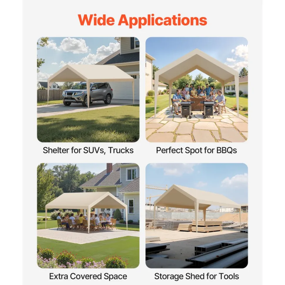 VEVOR Carport Replacement Canopy, 12 x 20 ft Potable Garage Tent Top Tarp, UV-Resistant & Waterproof Car Shelter Tarp, Heavy Duty Car Port Cover with Ball Buggees, Beige, Frame Not Included