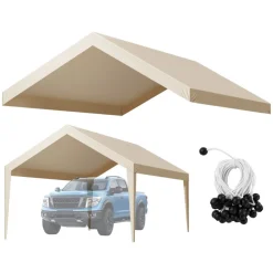 VEVOR Carport Replacement Canopy, 12 x 20 ft Potable Garage Tent Top Tarp, UV-Resistant & Waterproof Car Shelter Tarp, Heavy Duty Car Port Cover with Ball Buggees, Beige, Frame Not Included