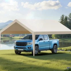 VEVOR Carport Replacement Canopy, 12 x 20 ft Potable Garage Tent Top Tarp, UV-Resistant & Waterproof Car Shelter Tarp, Heavy Duty Car Port Cover with Ball Buggees, Beige, Frame Not Included