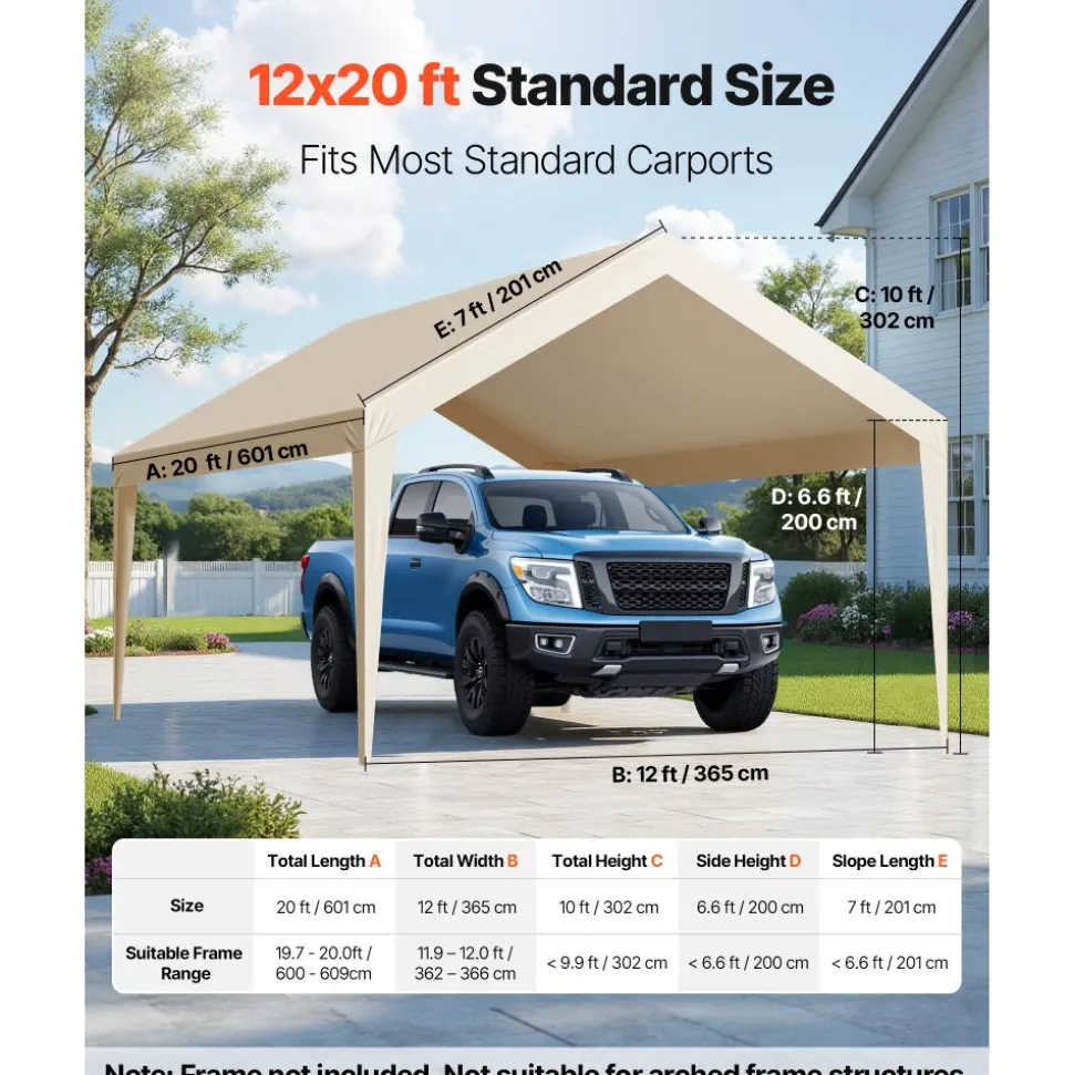 VEVOR Carport Replacement Canopy, 12 x 20 ft Potable Garage Tent Top Tarp, UV-Resistant & Waterproof Car Shelter Tarp, Heavy Duty Car Port Cover with Ball Buggees, Beige, Frame Not Included
