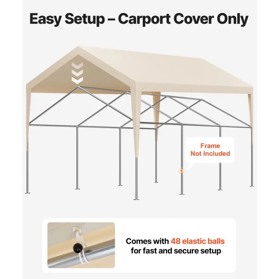 VEVOR Carport Replacement Canopy, 12 x 20 ft Potable Garage Tent Top Tarp, UV-Resistant & Waterproof Car Shelter Tarp, Heavy Duty Car Port Cover with Ball Buggees, Beige, Frame Not Included