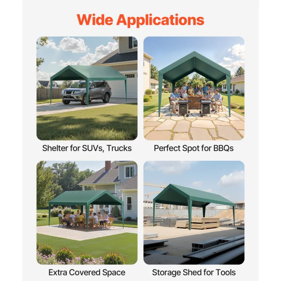 VEVOR Carport Replacement Canopy, 10 x 20 ft Potable Garage Tent Top Tarp, UV-Resistant & Waterproof Car Shelter Tarp, Heavy Duty Car Port Cover with Ball Buggees, Dark Green, Frame Not Included