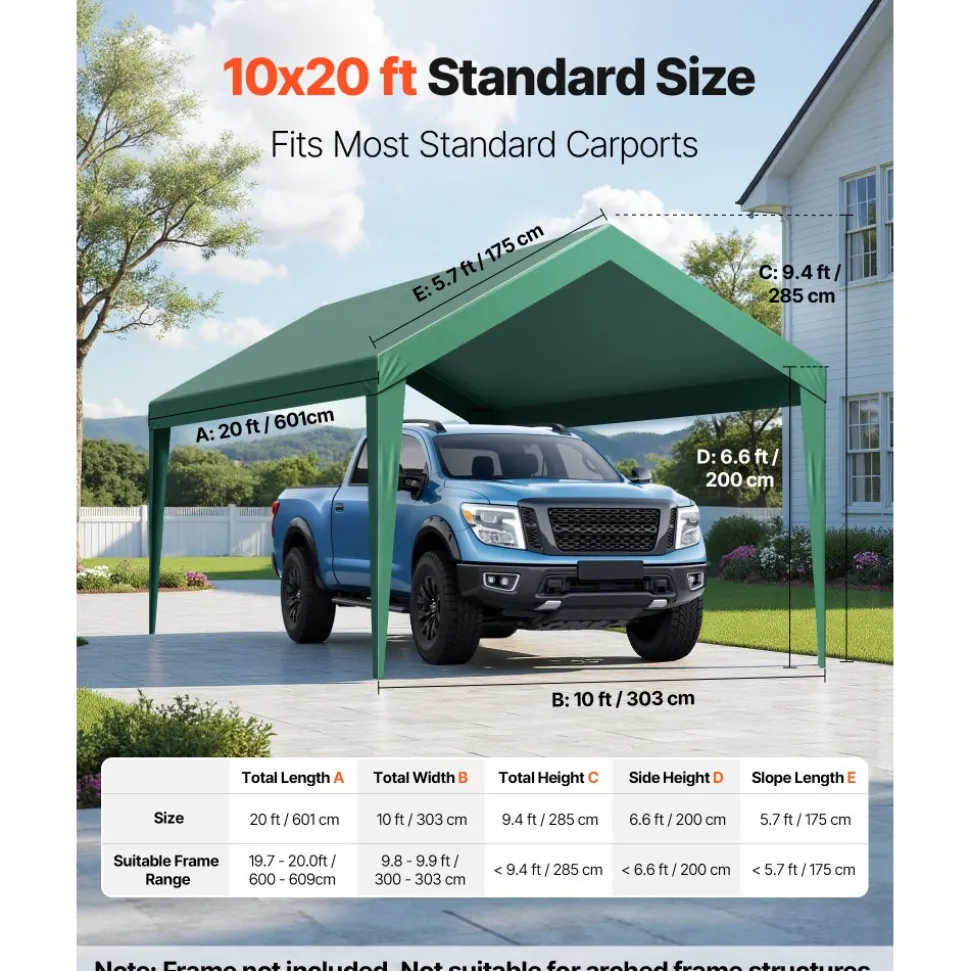 VEVOR Carport Replacement Canopy, 10 x 20 ft Potable Garage Tent Top Tarp, UV-Resistant & Waterproof Car Shelter Tarp, Heavy Duty Car Port Cover with Ball Buggees, Dark Green, Frame Not Included