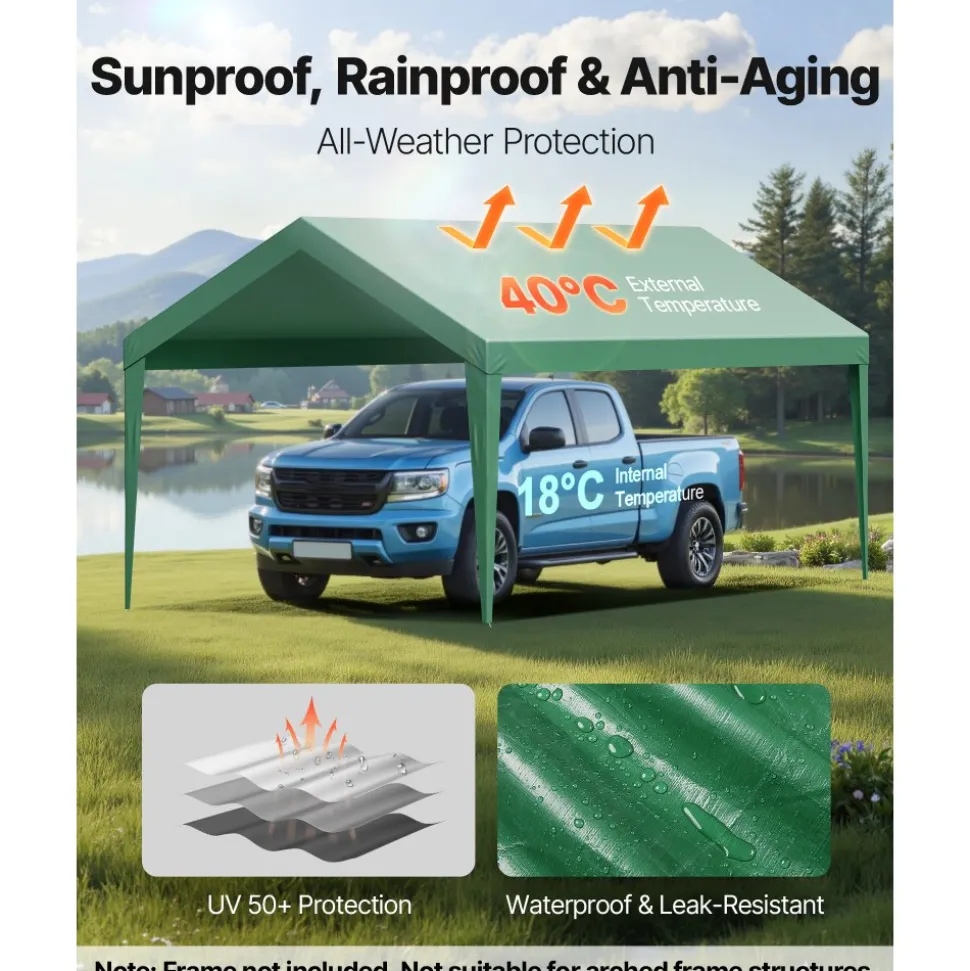 VEVOR Carport Replacement Canopy, 10 x 20 ft Potable Garage Tent Top Tarp, UV-Resistant & Waterproof Car Shelter Tarp, Heavy Duty Car Port Cover with Ball Buggees, Dark Green, Frame Not Included
