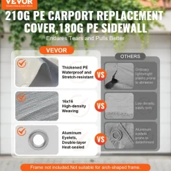VEVOR Carport Replacement Canopy Cover Top + Side Wall 10 x 20 ft, Garage Tent Shelter Tarp Heavy-Duty Waterproof & UV Protected, Easy Installation with Ball Bungees,Grey (Frame Not Included)