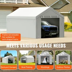 VEVOR Carport Replacement Canopy Cover Top + Side Wall 10 x 20 ft, Garage Tent Shelter Tarp Heavy-Duty Waterproof & UV Protected, Easy Installation with Ball Bungees,Grey (Frame Not Included)