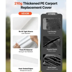 VEVOR Carport Replacement Canopy, 12 x 20 ft Potable Garage Tent Top Tarp, UV-Resistant & Waterproof Car Shelter Tarp, Heavy Duty Car Port Cover with Ball Buggees, White, Frame Not Included