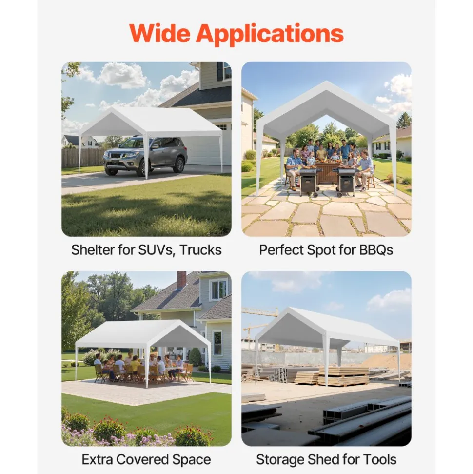 VEVOR Carport Replacement Canopy, 12 x 20 ft Potable Garage Tent Top Tarp, UV-Resistant & Waterproof Car Shelter Tarp, Heavy Duty Car Port Cover with Ball Buggees, White, Frame Not Included