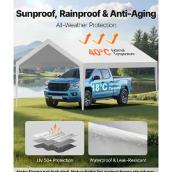 VEVOR Carport Replacement Canopy, 12 x 20 ft Potable Garage Tent Top Tarp, UV-Resistant & Waterproof Car Shelter Tarp, Heavy Duty Car Port Cover with Ball Buggees, White, Frame Not Included