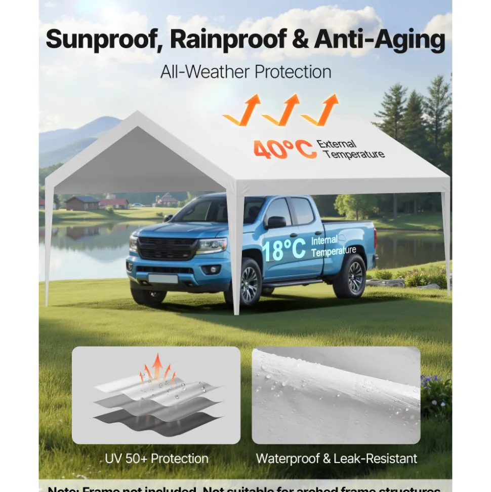 VEVOR Carport Replacement Canopy, 12 x 20 ft Potable Garage Tent Top Tarp, UV-Resistant & Waterproof Car Shelter Tarp, Heavy Duty Car Port Cover with Ball Buggees, White, Frame Not Included