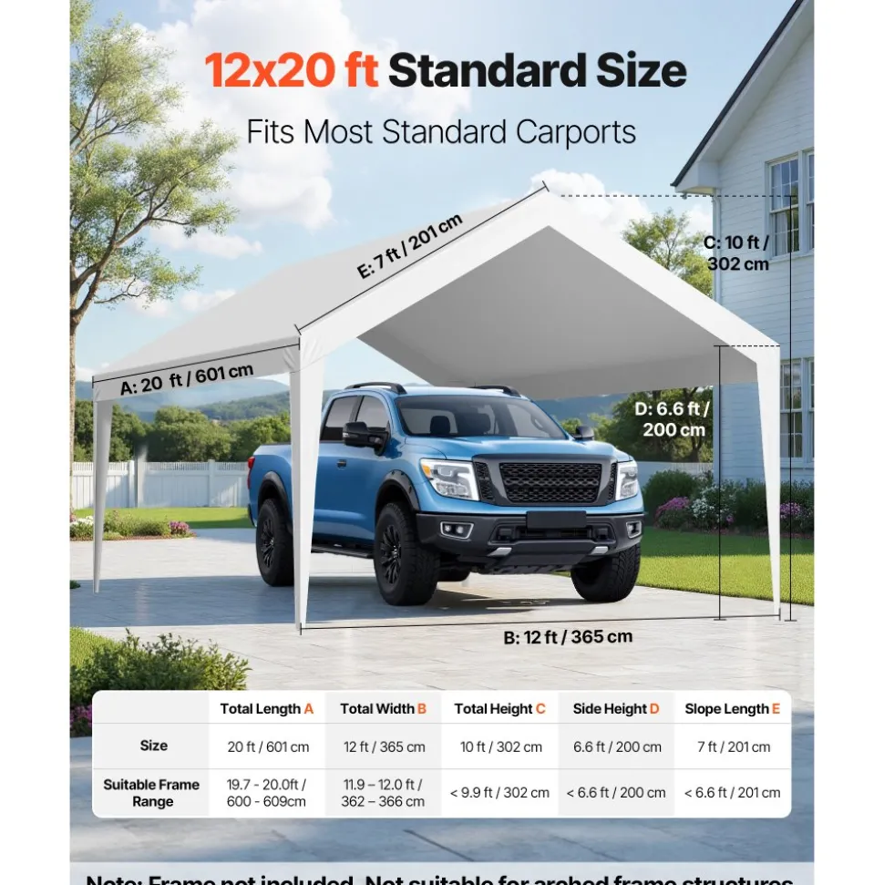VEVOR Carport Replacement Canopy, 12 x 20 ft Potable Garage Tent Top Tarp, UV-Resistant & Waterproof Car Shelter Tarp, Heavy Duty Car Port Cover with Ball Buggees, White, Frame Not Included