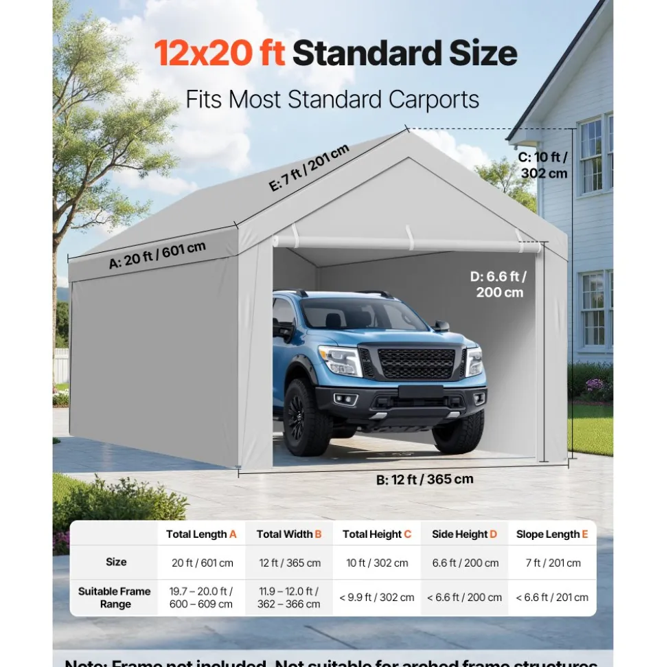 VEVOR Carport Replacement Canopy, 12 x 20 ft Potable Garage Tent Top Tarp with Sidewalls, UV-Resistant & Waterproof, Heavy Duty Car Shelter Tarp with Ball Buggees, Grey, Frame Not Included
