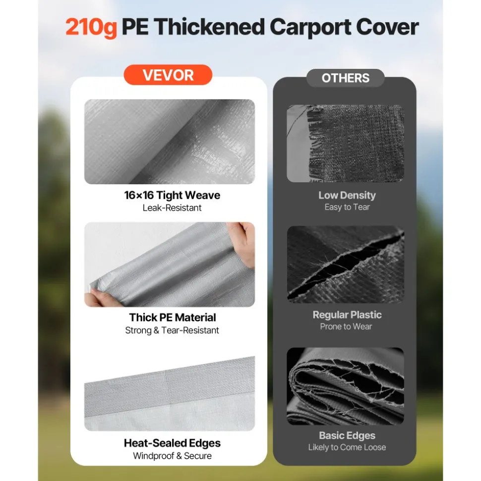 VEVOR Carport Replacement Canopy, 12 x 20 ft Potable Garage Tent Top Tarp with Sidewalls, UV-Resistant & Waterproof, Heavy Duty Car Shelter Tarp with Ball Buggees, Grey, Frame Not Included