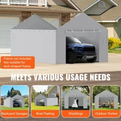 VEVOR Carport Replacement Canopy Cover Side Wall 12 x 20 ft, Garage Tent Shelter Tarp Heavy-Duty Waterproof & UV Protected, Easy Installation with Ball Bungees,Grey (Top and Frame Not Included)