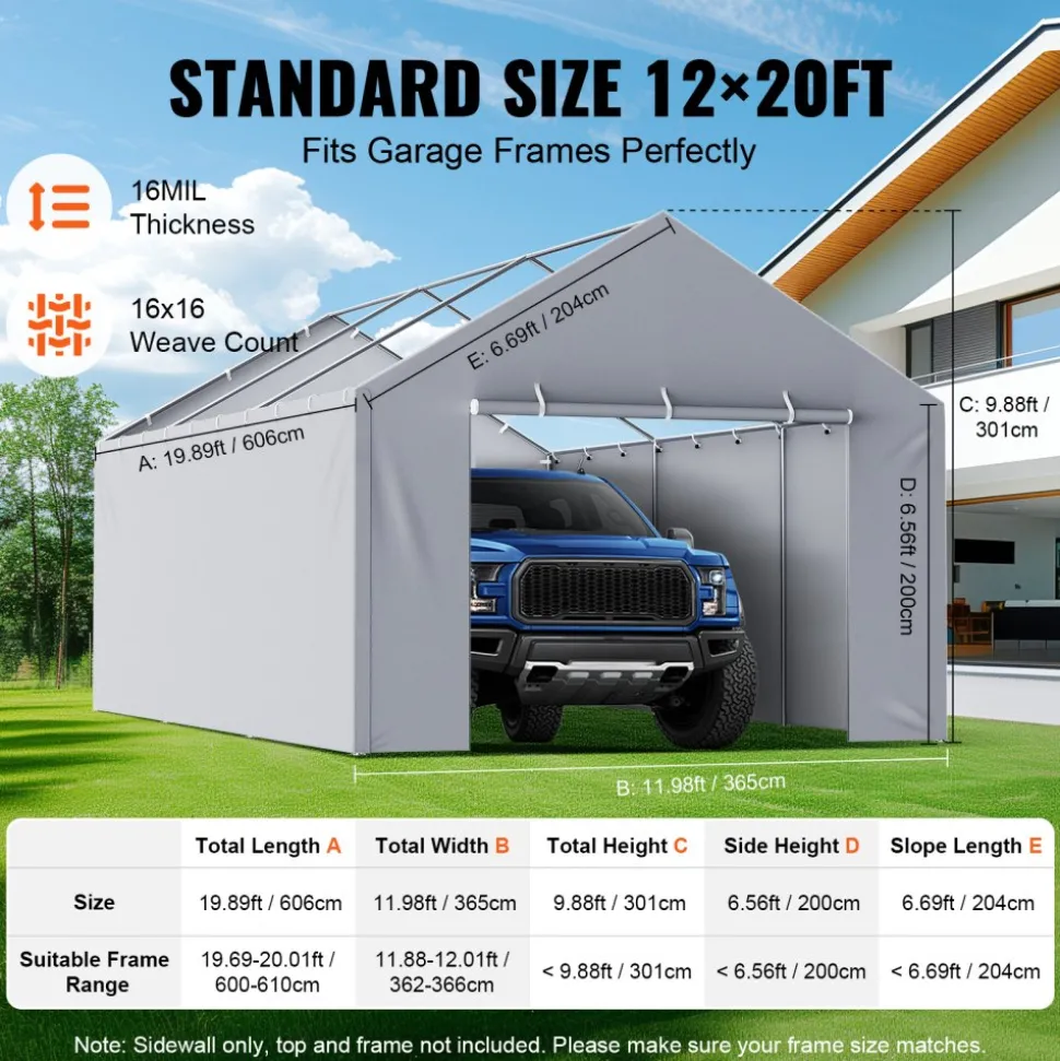 VEVOR Carport Replacement Canopy Cover Side Wall 12 x 20 ft, Garage Tent Shelter Tarp Heavy-Duty Waterproof & UV Protected, Easy Installation with Ball Bungees,Grey (Top and Frame Not Included)