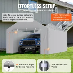 VEVOR Carport Replacement Canopy Cover Side Wall 12 x 20 ft, Garage Tent Shelter Tarp Heavy-Duty Waterproof & UV Protected, Easy Installation with Ball Bungees,Grey (Top and Frame Not Included)