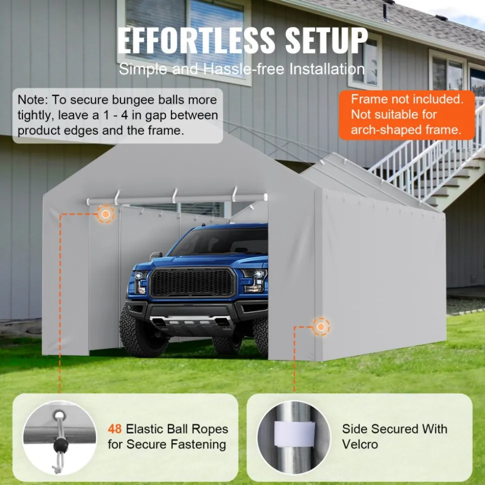 VEVOR Carport Replacement Canopy Cover Side Wall 12 x 20 ft, Garage Tent Shelter Tarp Heavy-Duty Waterproof & UV Protected, Easy Installation with Ball Bungees,Grey (Top and Frame Not Included)