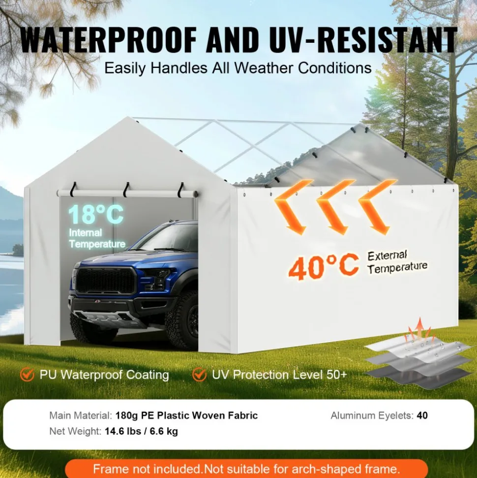 VEVOR Carport Replacement Canopy Cover Side Wall 10 x 20 ft, Garage Tent Shelter Tarp Heavy-Duty Waterproof & UV Protected, Easy Installation with Ball Bungees,White (Top and Frame Not Included)