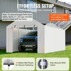 VEVOR Carport Replacement Canopy Cover Side Wall 10 x 20 ft, Garage Tent Shelter Tarp Heavy-Duty Waterproof & UV Protected, Easy Installation with Ball Bungees,White (Top and Frame Not Included)