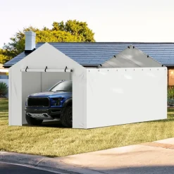 VEVOR Carport Replacement Canopy Cover Side Wall 10 x 20 ft, Garage Tent Shelter Tarp Heavy-Duty Waterproof & UV Protected, Easy Installation with Ball Bungees,White (Top and Frame Not Included)