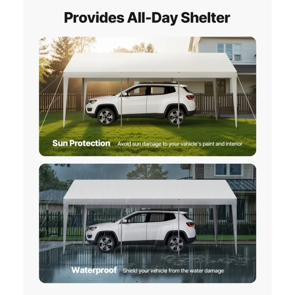 VEVOR Carport, 10 x 20 FT Outdoor Car Canopy, Potable Carport, Heavy Duty Galvanized Car Shelter, UV-Resistant & Water-Resistant, All-Season Protection, Storage Shed for Boat Motorcycle White