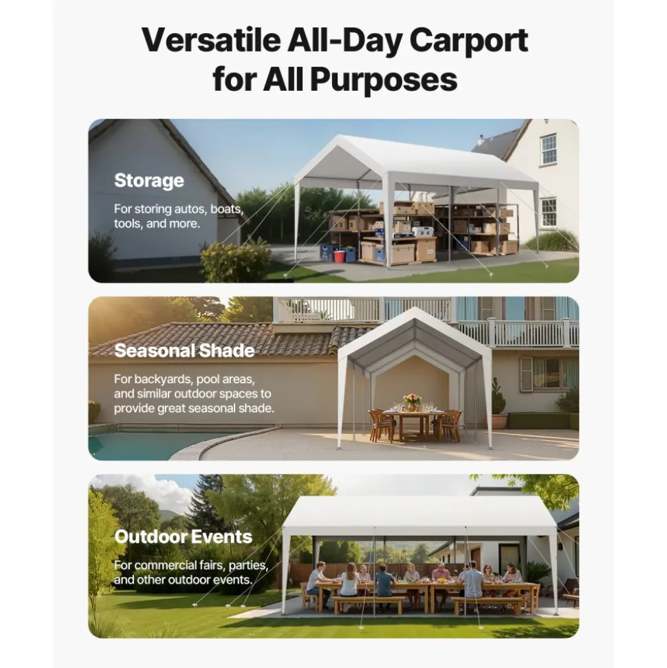VEVOR Carport, 10 x 20 FT Outdoor Car Canopy, Potable Carport, Heavy Duty Galvanized Car Shelter, UV-Resistant & Water-Resistant, All-Season Protection, Storage Shed for Boat Motorcycle White