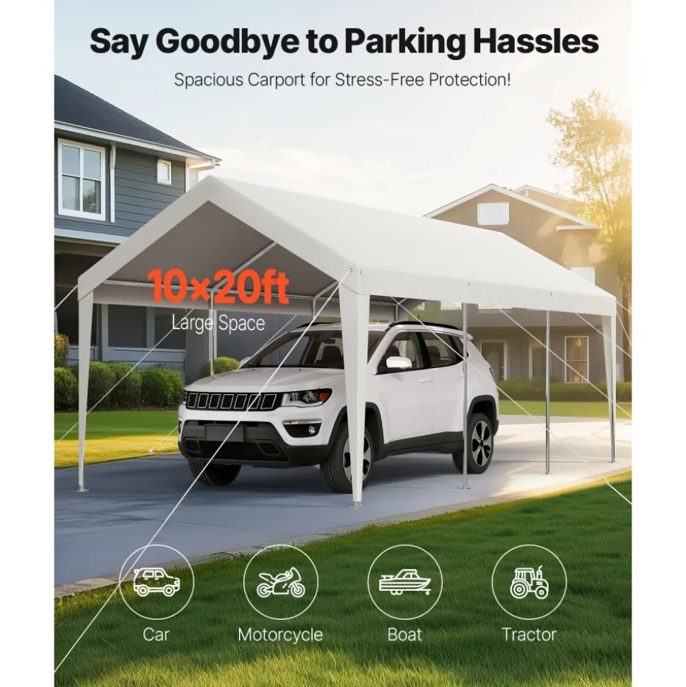 VEVOR Carport, 10 x 20 FT Outdoor Car Canopy, Potable Carport, Heavy Duty Galvanized Car Shelter, UV-Resistant & Water-Resistant, All-Season Protection, Storage Shed for Boat Motorcycle White
