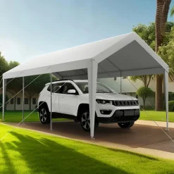 VEVOR Carport, 10 x 20 FT Outdoor Car Canopy, Potable Carport, Heavy Duty Galvanized Car Shelter, UV-Resistant & Water-Resistant, All-Season Protection, Storage Shed for Boat Motorcycle White